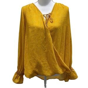 Umgee Women's S Wrap‎ Front Long Sleeve Blouse Sunflower Yellow Polka Dots Twee